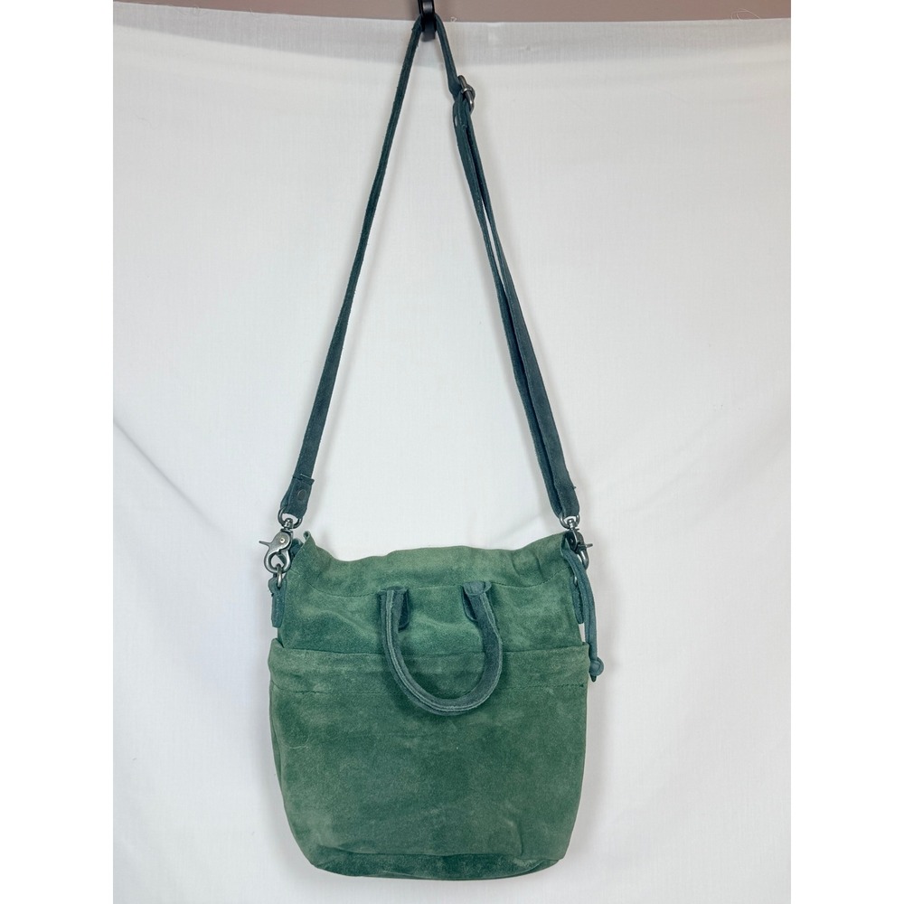 Free People Womens Suede Crossbody Bag Small Green Boho Drawstring Purse Tote